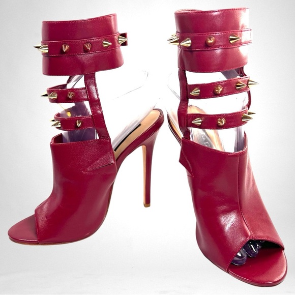ALEJANDRA G Crimson Leather Studded Gladiator Stiletto Heels | Luxury Designer - Picture 3 of 11